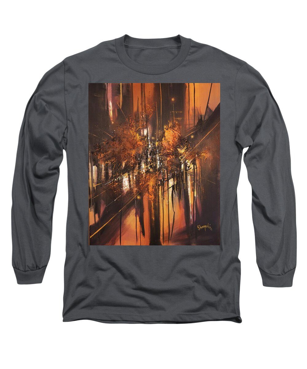 Abstract Long Sleeve T-Shirt featuring the painting Urban Nocturne by Tom Shropshire