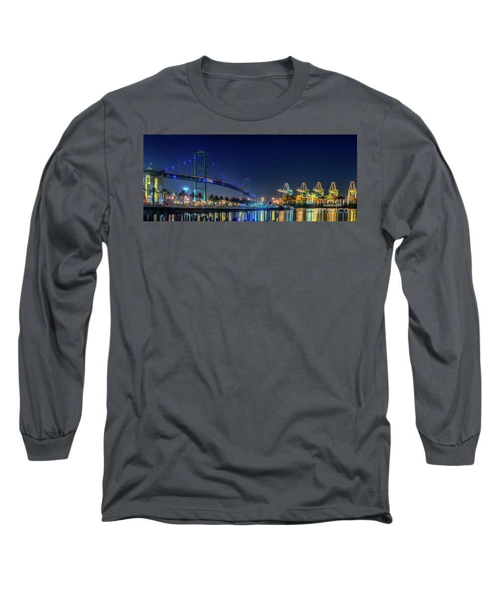Vincent Thomas Gantry Cranes Lit At Night Long Sleeve T-Shirt featuring the photograph Vincent Thomas Gantry Cranes Lit at Night by David Zanzinger