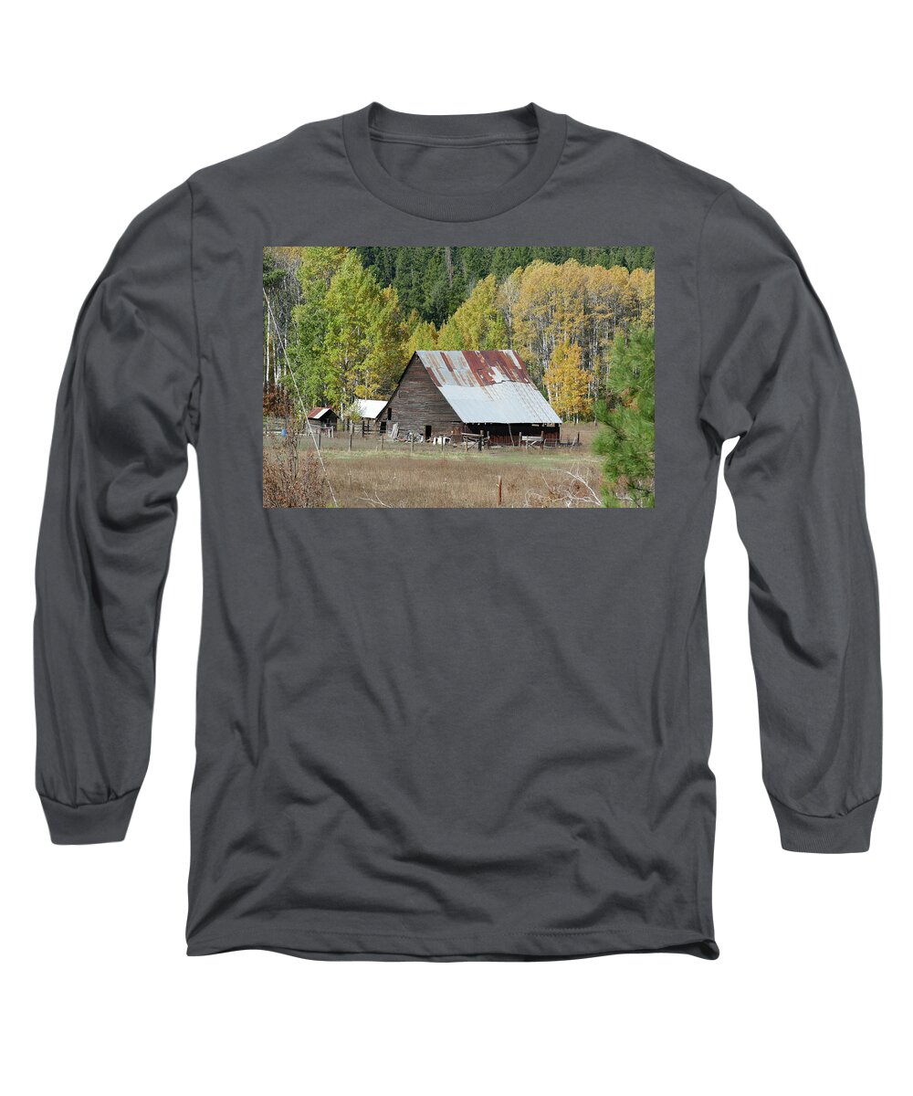 Farm Long Sleeve T-Shirt featuring the photograph Vintage wooden barn with autumn poplars by Steve Estvanik
