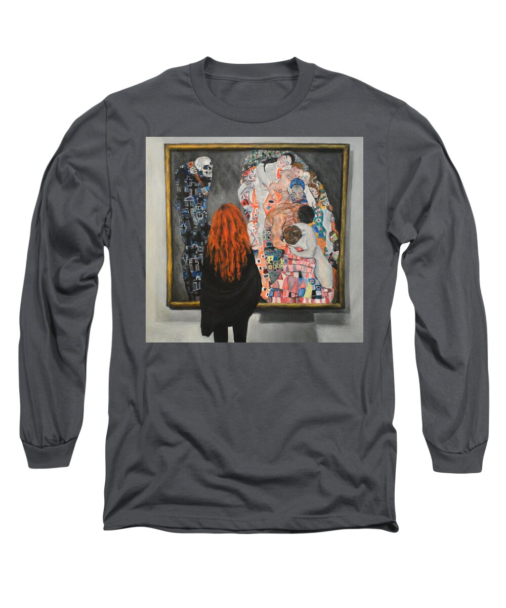 Watching Klimt Death And Life Long Sleeve T-Shirt featuring the painting Watching Klimt Death and Life by Escha Van den bogerd