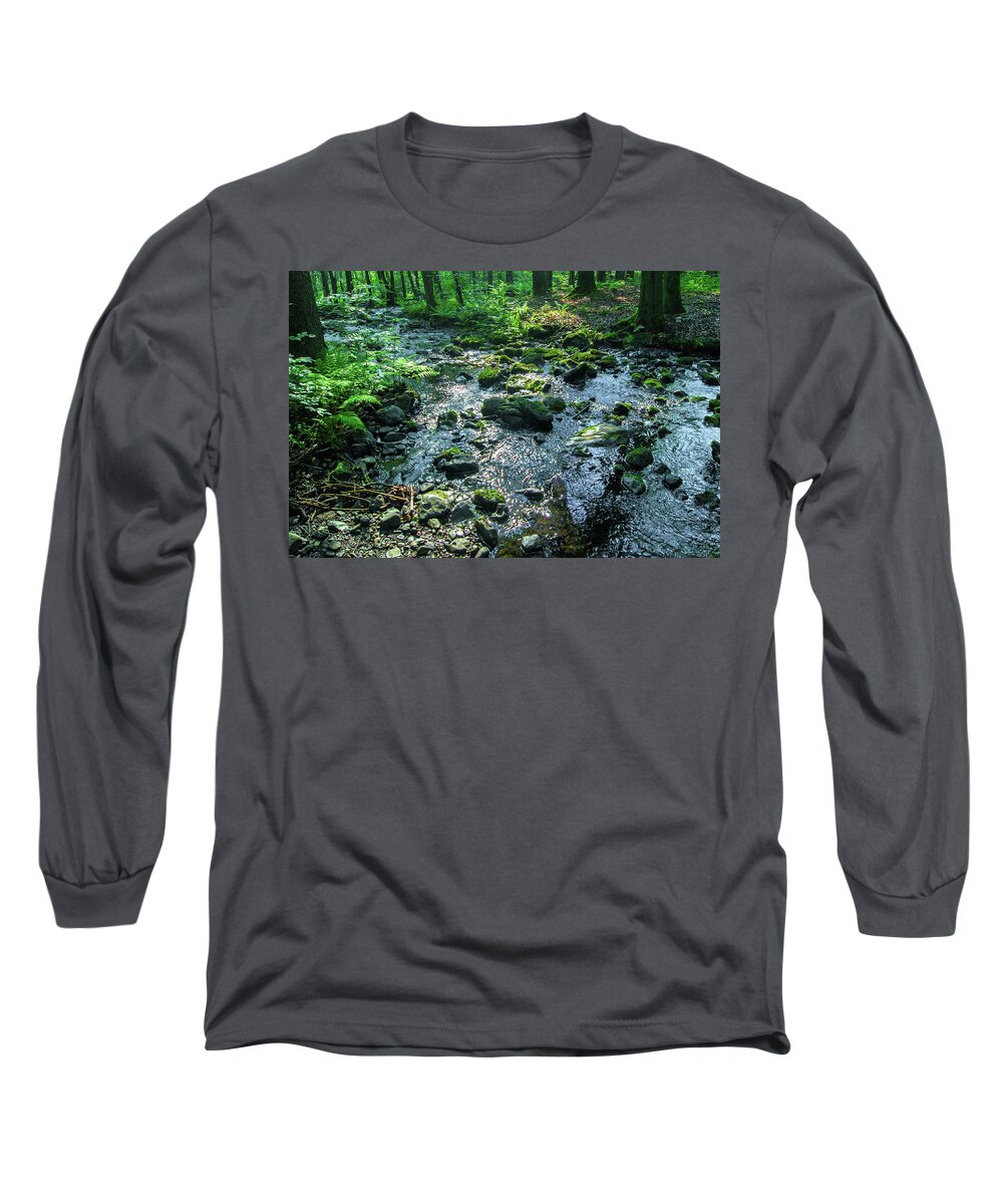 Forest Long Sleeve T-Shirt featuring the photograph Water in a dark forest by Sun Travels