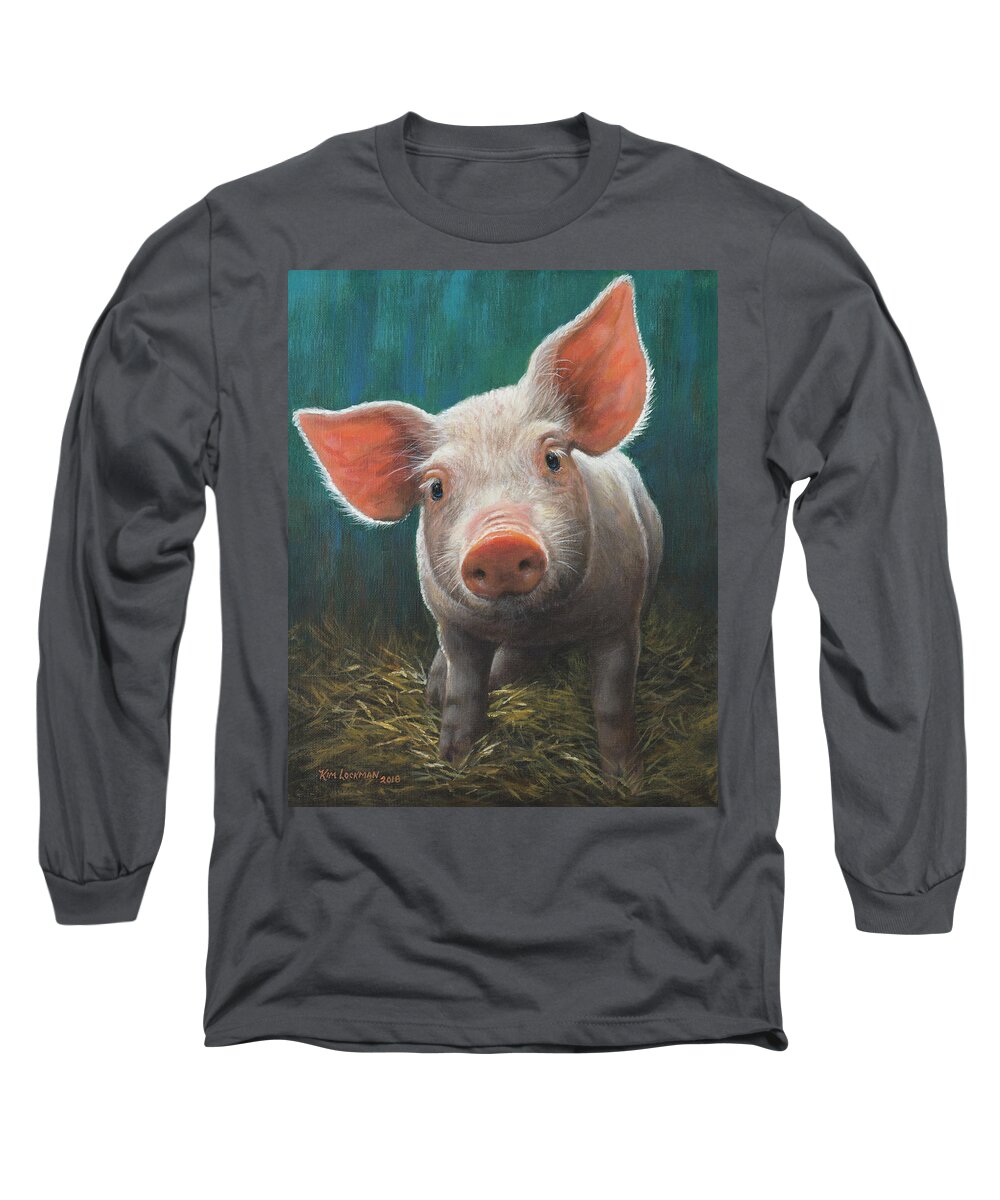 Pig Long Sleeve T-Shirt featuring the painting Wilbur by Kim Lockman