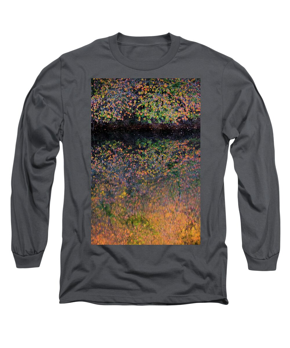 Wild Cherry Long Sleeve T-Shirt featuring the photograph Wild Cherry tree in the Fall, golden reflections on the river by Anita Nicholson