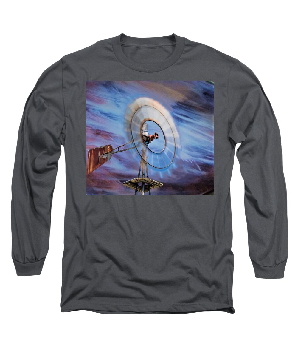 Windmill Long Sleeve T-Shirt featuring the mixed media Windmill by Mary Poliquin - Policain Creations