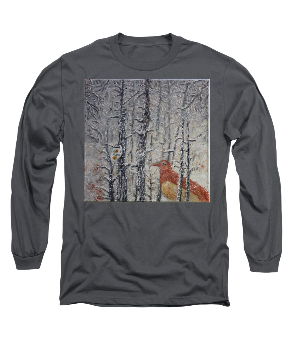 Winter Outdoor Long Sleeve T-Shirt featuring the painting Winter outdoor by Elzbieta Goszczycka