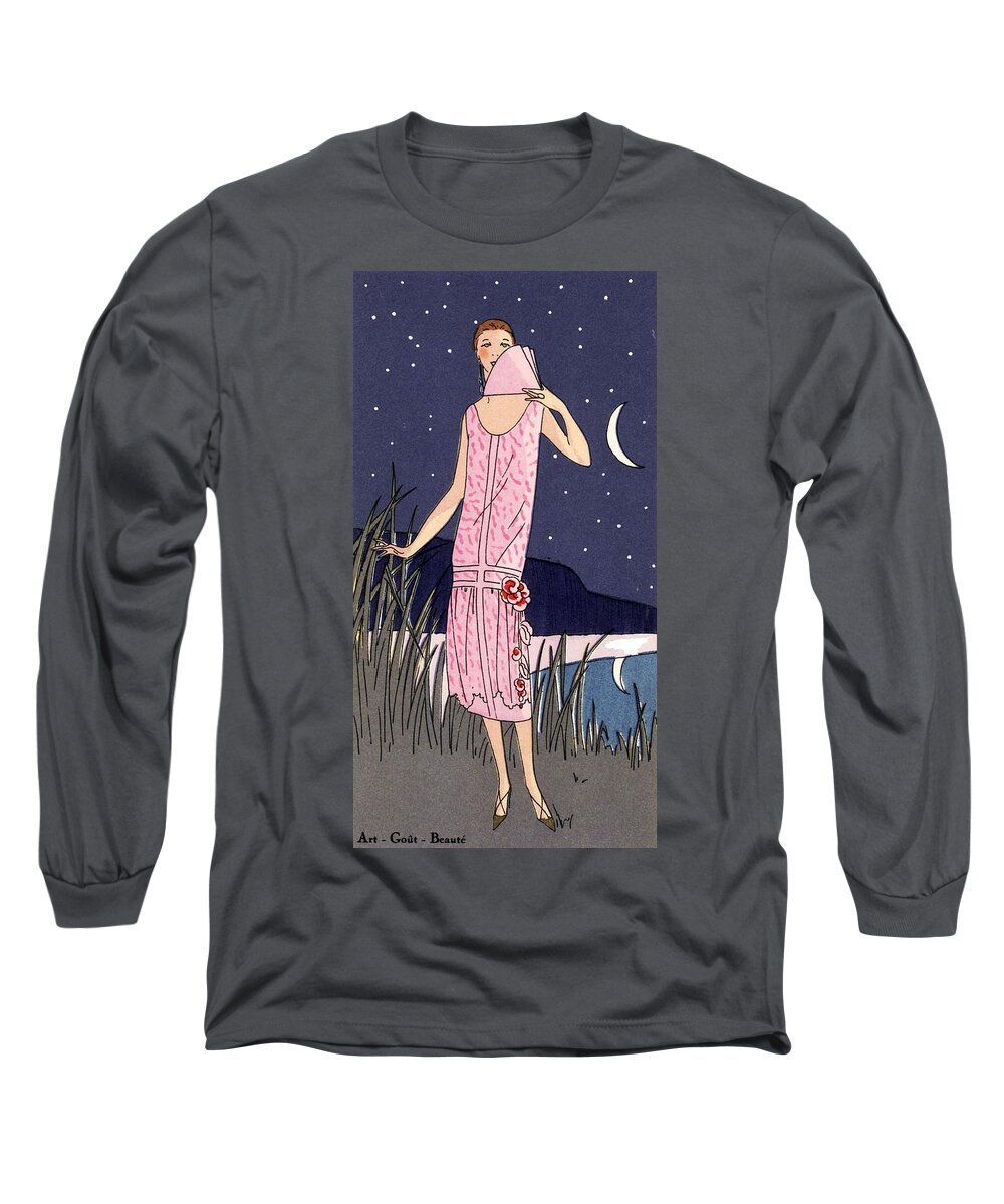 Agb Long Sleeve T-Shirt featuring the drawing Woman on the coast in the moonlight wearing a pink lace evening dress trimmed with velvet flowers. by Album