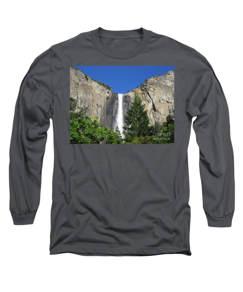 Yosemite Long Sleeve T-Shirt featuring the photograph Yosemite National Park Bridal Veil Falls Waterfall Close Up View with Clear Blue Sky by John Shiron