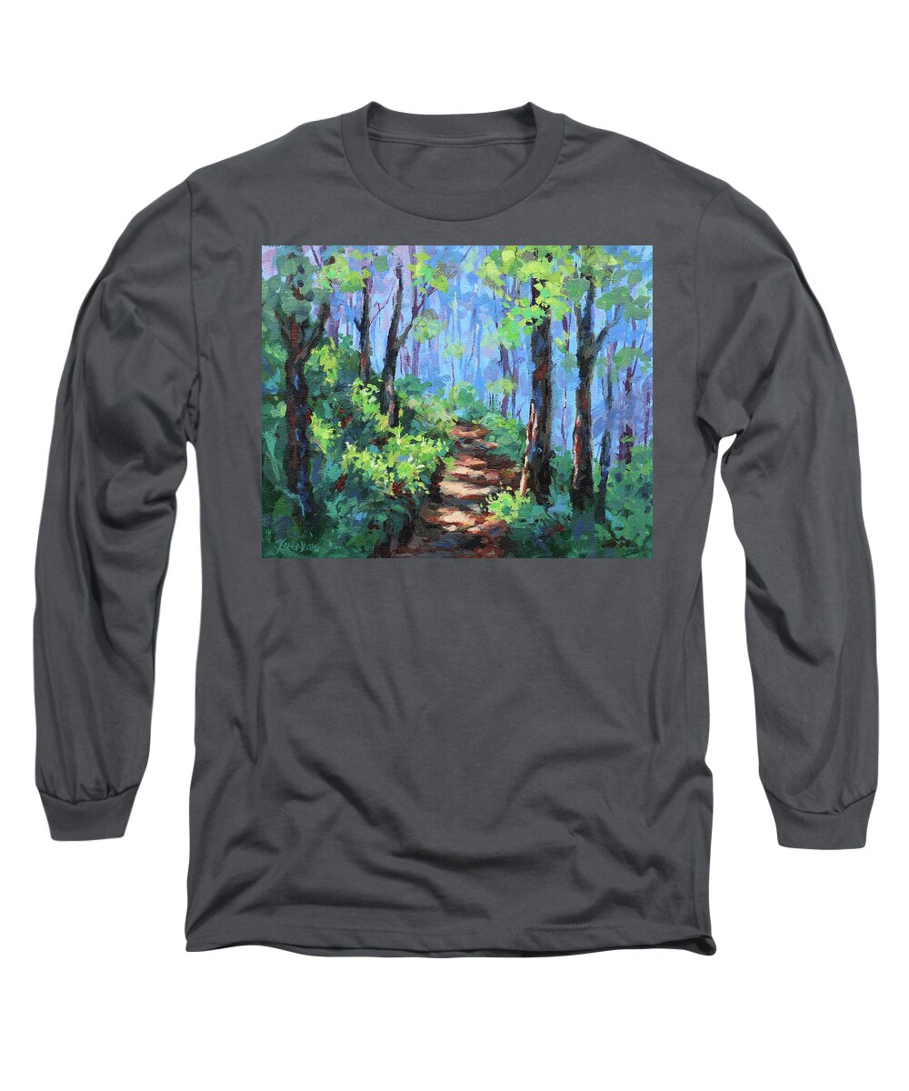 Forest Long Sleeve T-Shirt featuring the painting Along the Path #1 by Karen Ilari