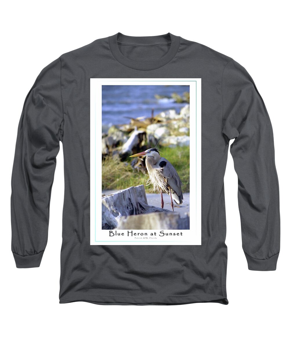 Waterfront Long Sleeve T-Shirt featuring the photograph Blue Heron at Sunset #1 by Robert Harris
