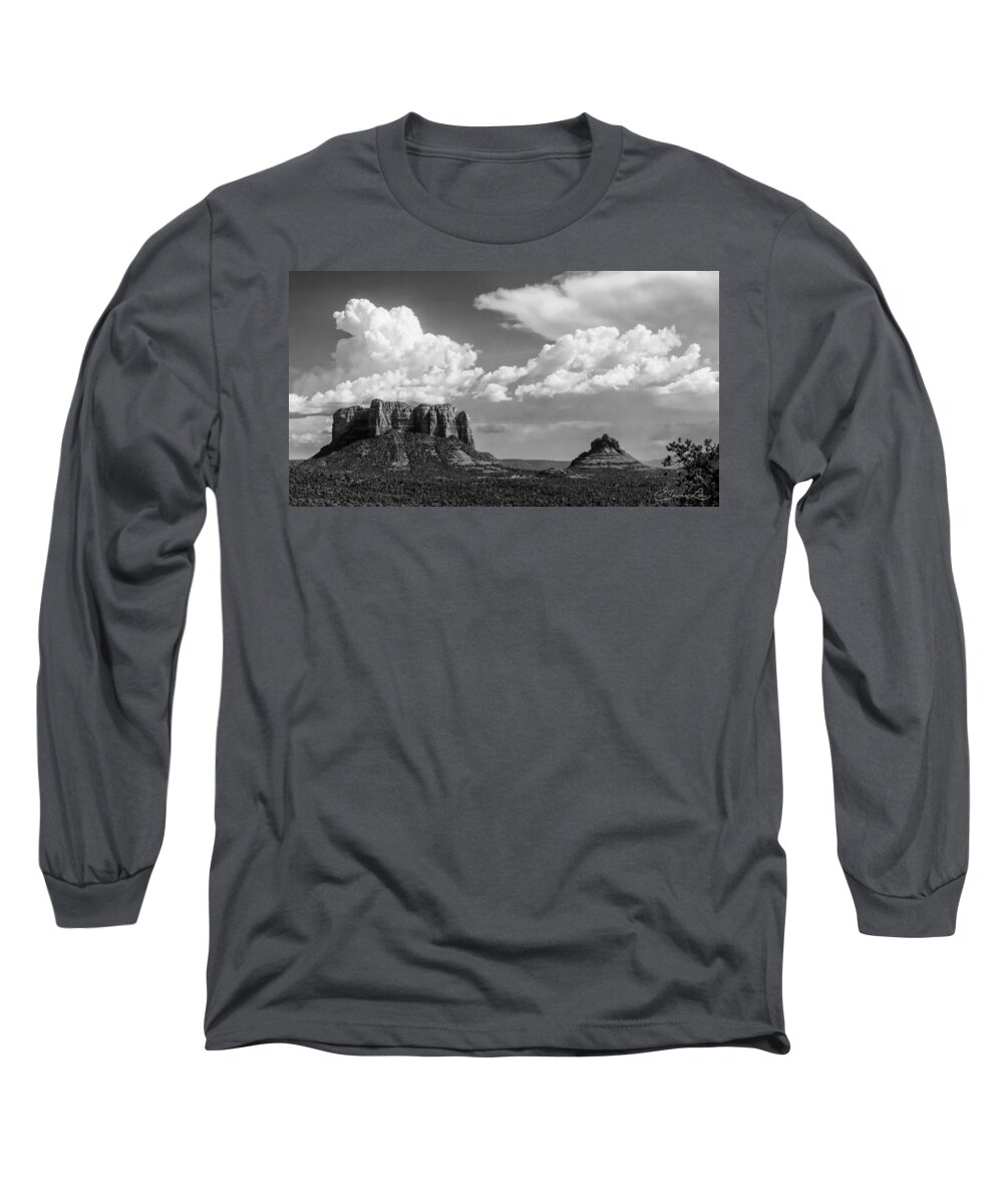 Red Rock Cliffs Sedona Arizona Fstop101 Landscape Sandstone Black And White Bell Rock Castle Rock Cumulus Long Sleeve T-Shirt featuring the photograph Castle Rock and Bell Rock #1 by Geno Lee