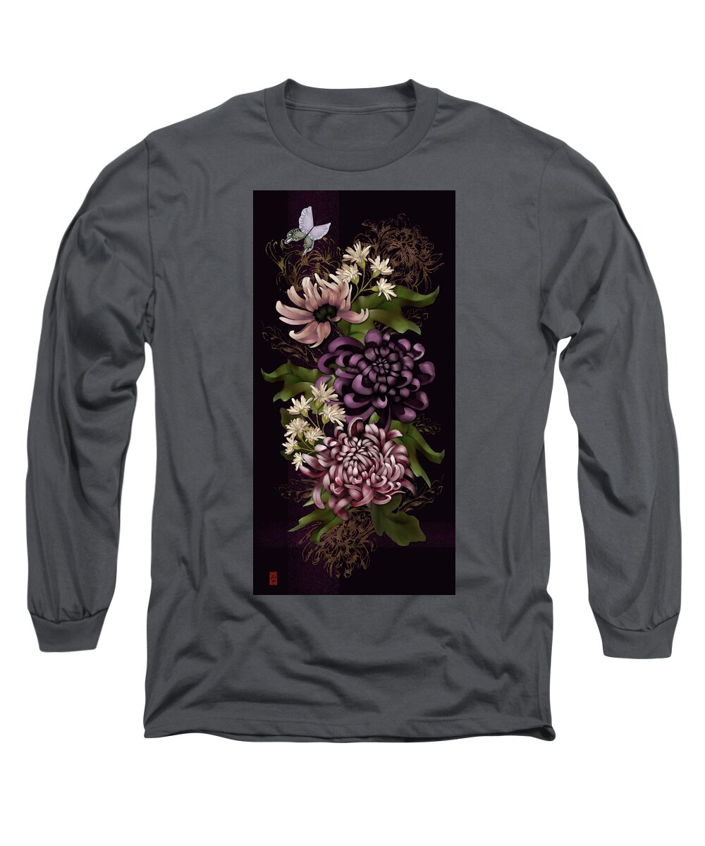 Chinoiserie Long Sleeve T-Shirt featuring the digital art Chrysanthemums and Butterfly Modern Chinoiserie dark purple by Sand And Chi