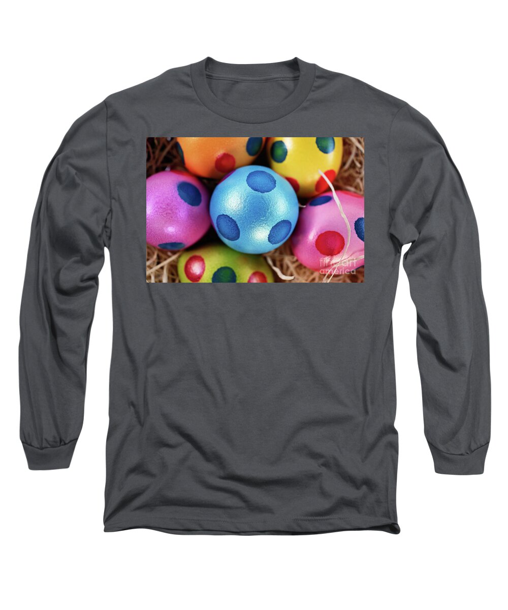 Easter Long Sleeve T-Shirt featuring the photograph Colorful Easter eggs with polka dots in a basket #1 by Mendelex Photography
