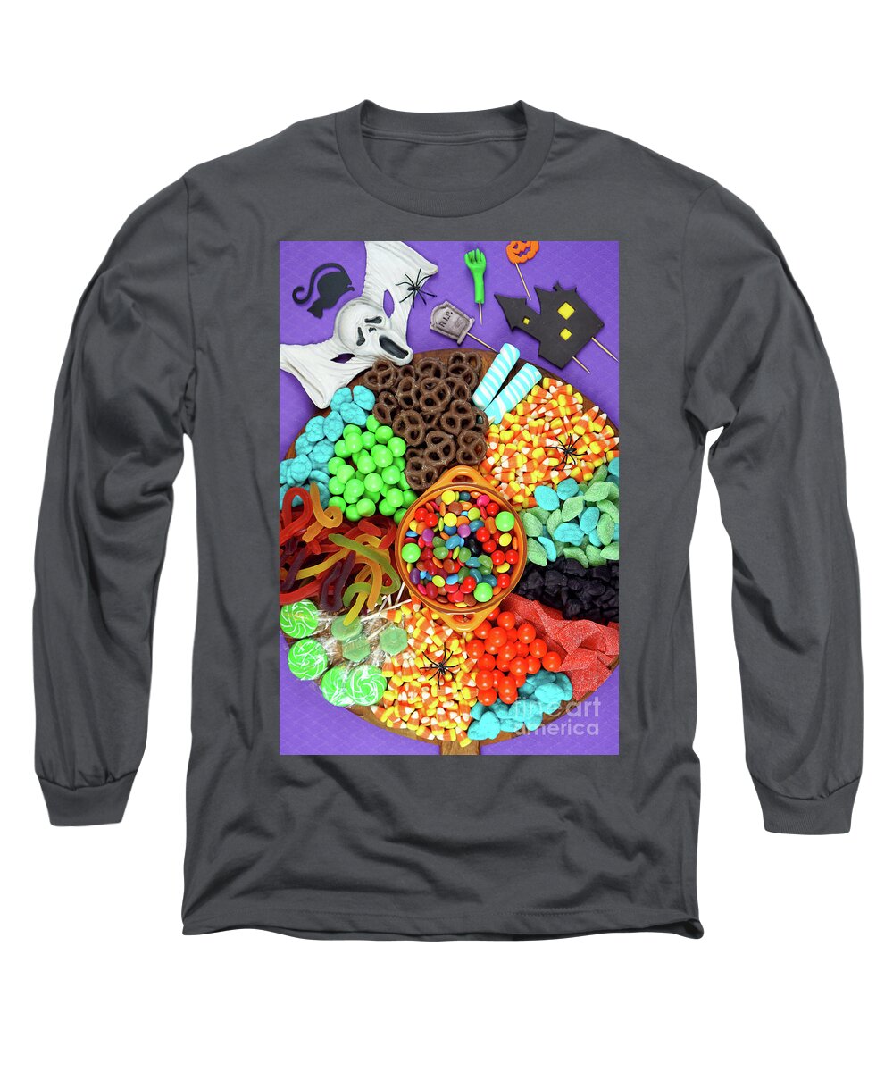 Happy Halloween Long Sleeve T-Shirt featuring the photograph Halloween trick or treat candy grazing platter charcuterie board. #1 by Milleflore Images