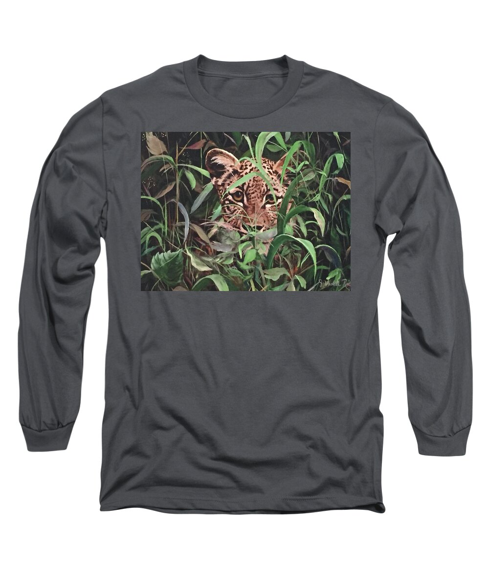 Leopard Long Sleeve T-Shirt featuring the painting Leopard In Jungle by Judy Rixom