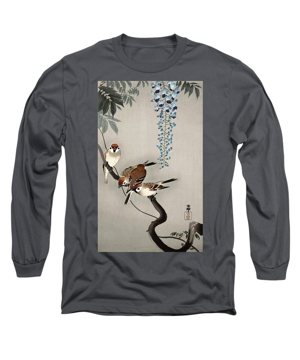 Vintage Print Long Sleeve T-Shirt featuring the mixed media Ring Sparrows at Wisteria #1 by World Art Collective