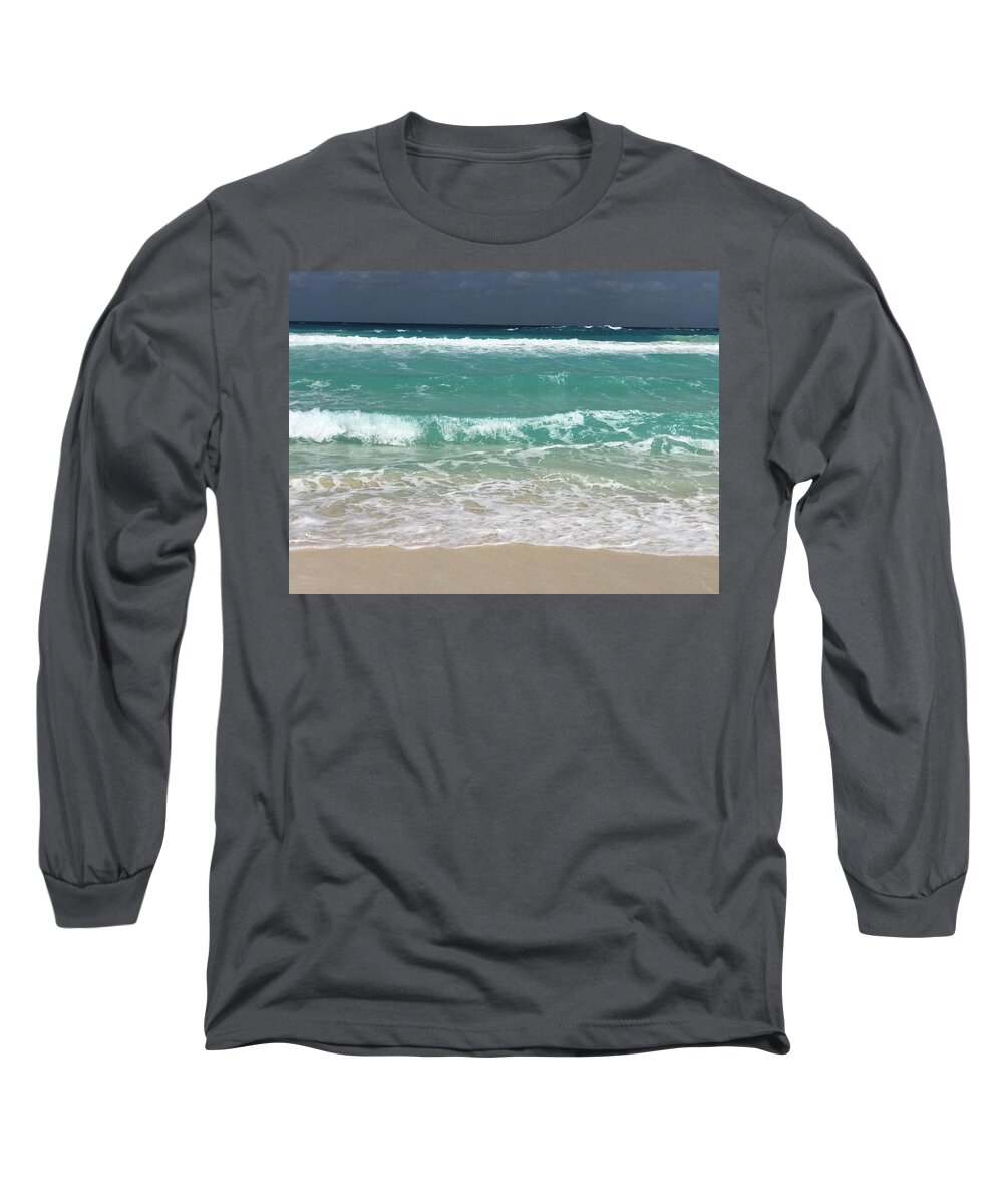  Long Sleeve T-Shirt featuring the mixed media Teal Shore #2 by Cindy Greenstein
