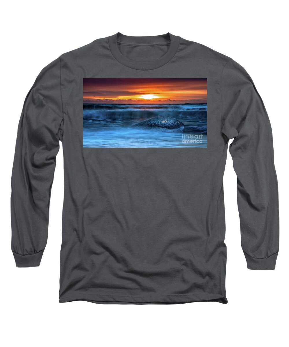 Beach Long Sleeve T-Shirt featuring the photograph Sunrise on Diamond Beach, Southeast Iceland. #2 by Jane Rix