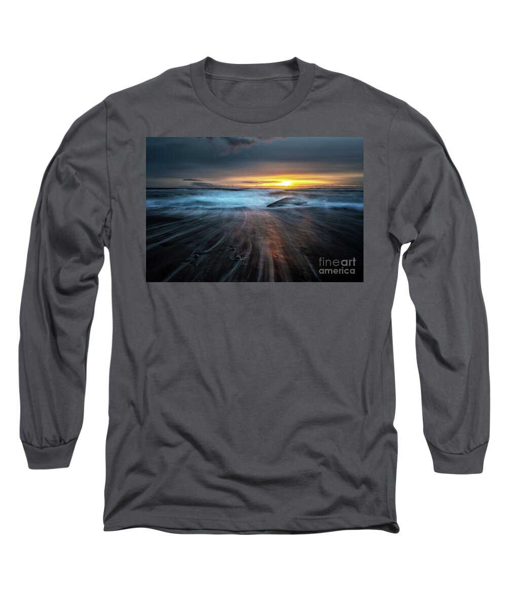 Beach Long Sleeve T-Shirt featuring the photograph Sunrise on Diamond Beach, Southeast Iceland. by Jane Rix
