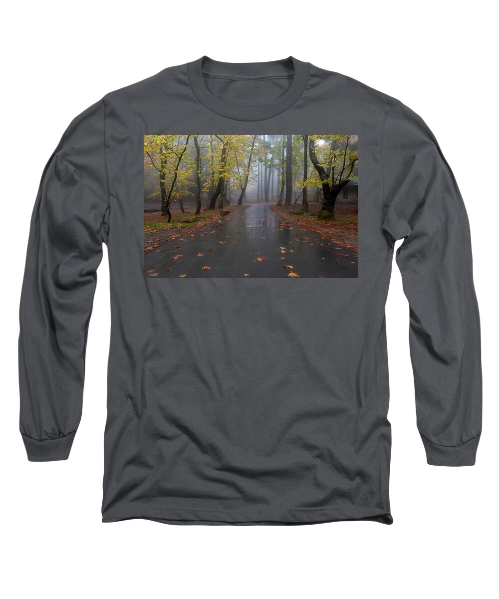 Autumn Long Sleeve T-Shirt featuring the photograph Autumn landscape with trees and Autumn leaves on the ground after rain #5 by Michalakis Ppalis