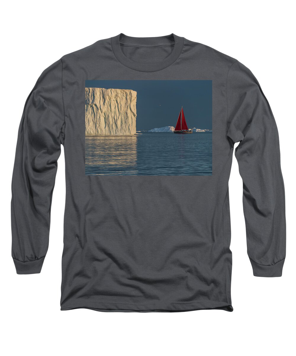 Sailboat Long Sleeve T-Shirt featuring the photograph A sailboat and an ice wall by Anges Van der Logt