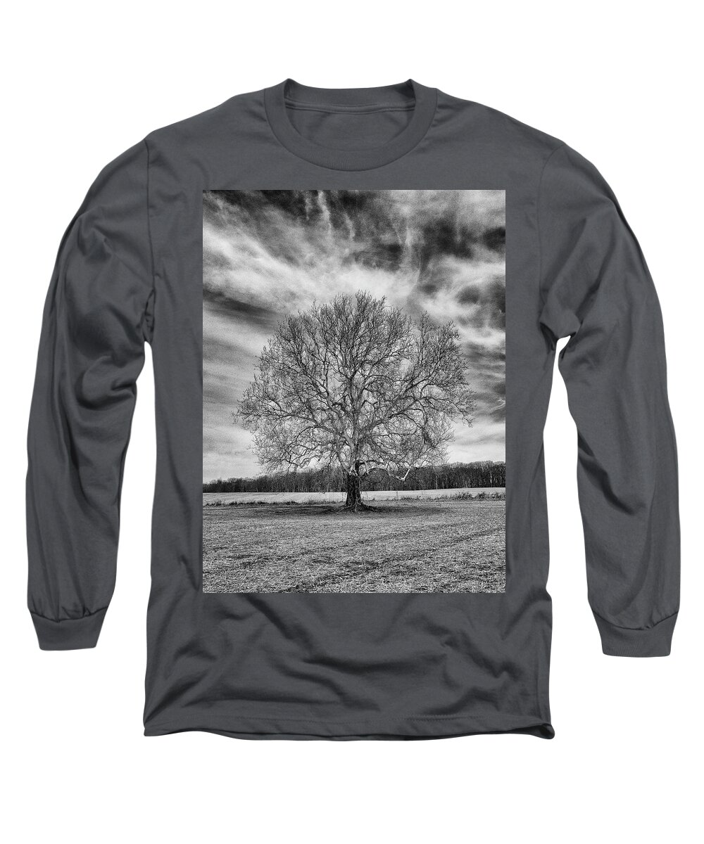  Tree Long Sleeve T-Shirt featuring the photograph A Tree in Winter in Black and White by William Jobes
