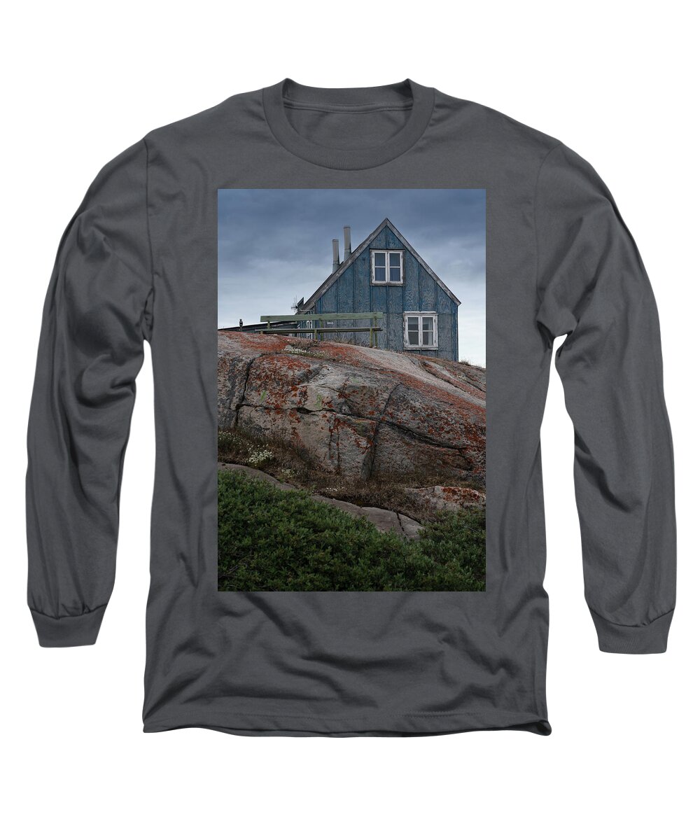 Greenland Long Sleeve T-Shirt featuring the photograph A wooden house in Disco bay by Anges Van der Logt