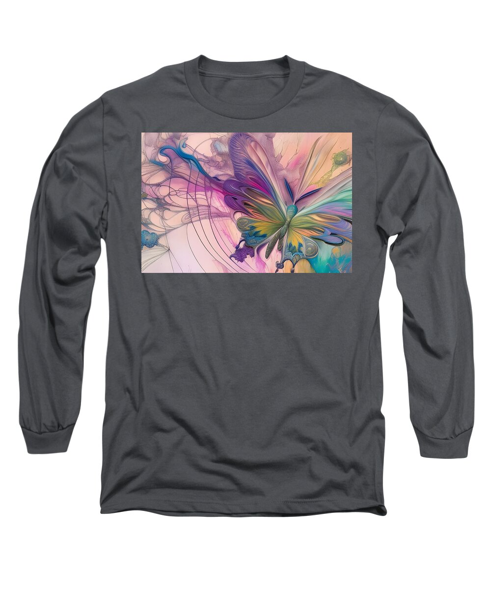 Digital Butterfly Abstract Pasteis Long Sleeve T-Shirt featuring the digital art Abstract Butterfly in Pastels by Beverly Read