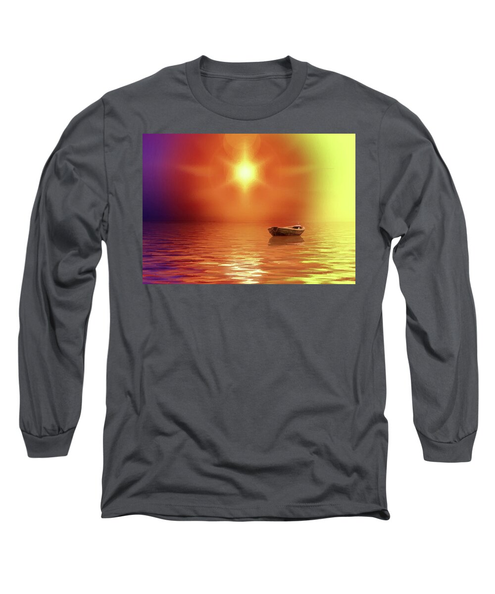 Adrift Long Sleeve T-Shirt featuring the mixed media Adrift-Ocean Sunrise with Lonely Boat by Shelli Fitzpatrick