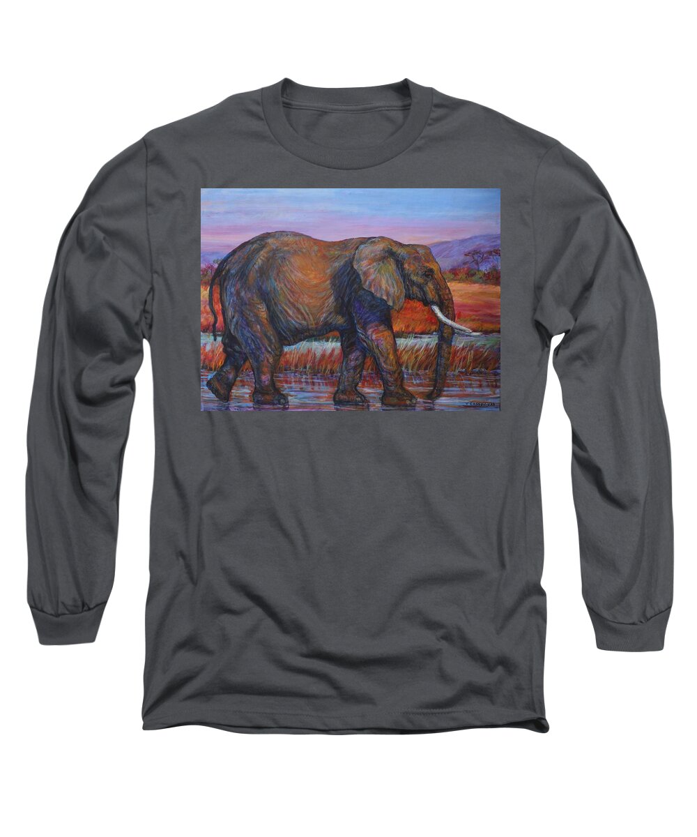Animal Long Sleeve T-Shirt featuring the painting African Elephant by Veronica Cassell vaz