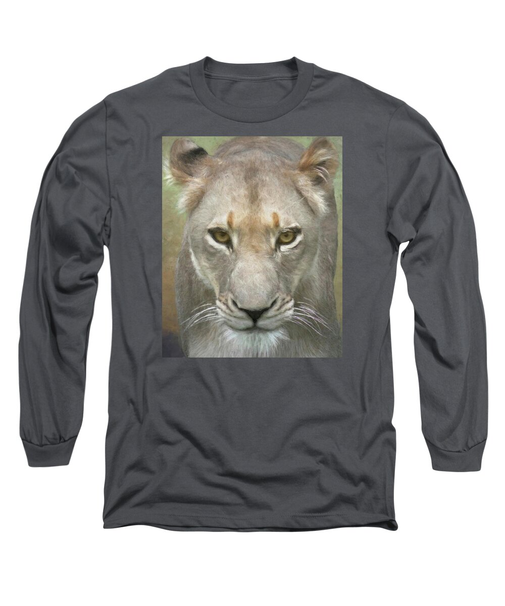 Lion Long Sleeve T-Shirt featuring the photograph African Lioness Up Close Portrait by Rebecca Herranen