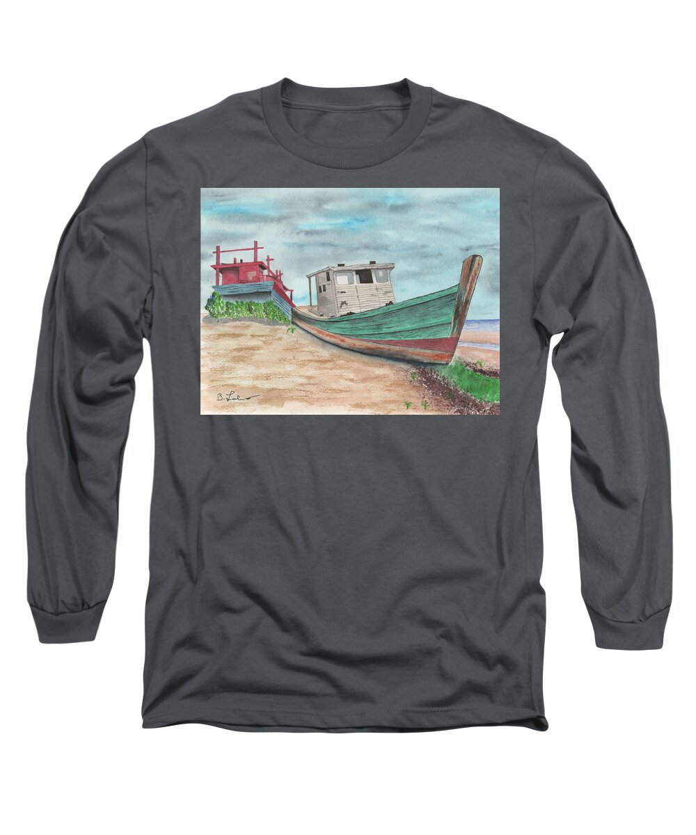 Boat Ashore Long Sleeve T-Shirt featuring the painting After the Storm by Bob Labno