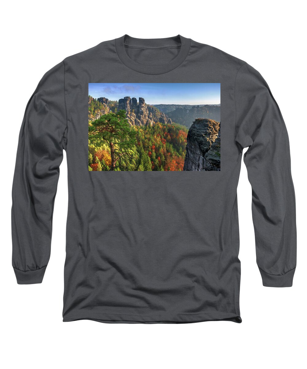 Saxon Switzerland Long Sleeve T-Shirt featuring the photograph After sunrise on the Bastei rocks by Sun Travels