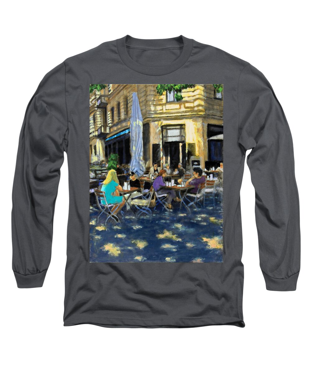 Cafe Scene Long Sleeve T-Shirt featuring the painting Afternoon Coffee by David Zimmerman