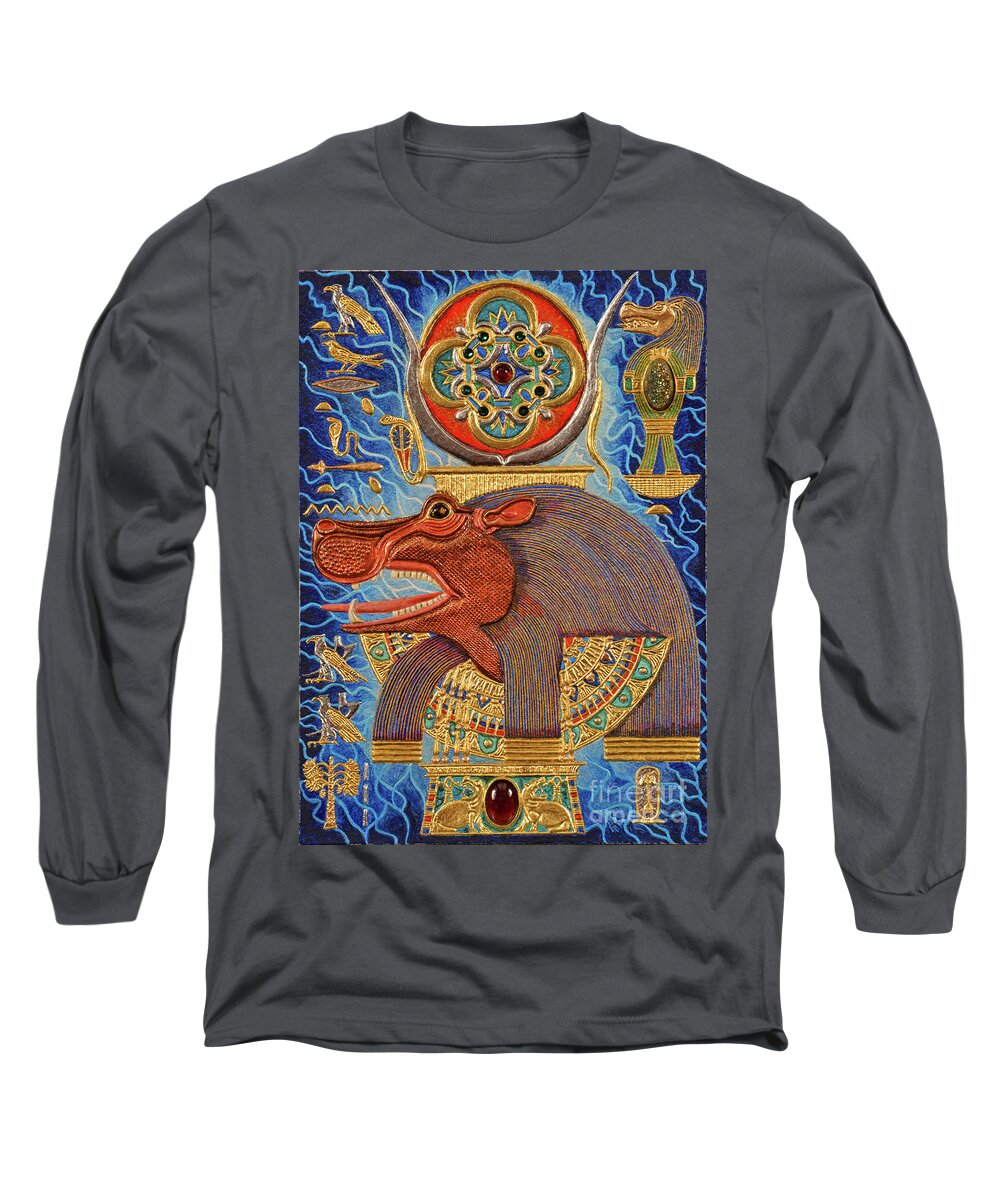 Ancient Long Sleeve T-Shirt featuring the mixed media Akem-Shield of Taweret Who Belongs to the Doum Palm by Ptahmassu Nofra-Uaa