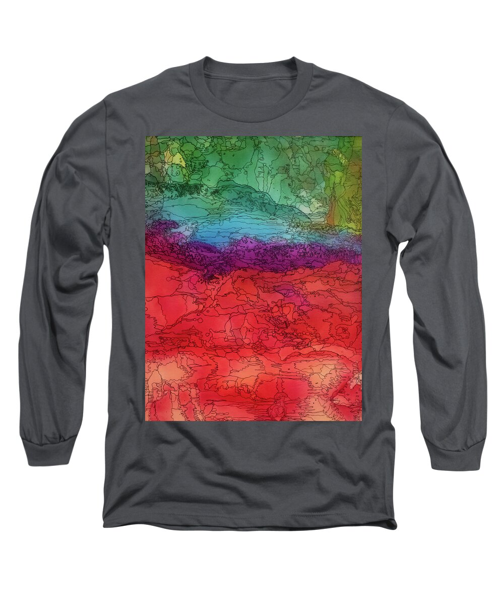 Red Long Sleeve T-Shirt featuring the mixed media Alcohol Landscape by Aimee Bruno