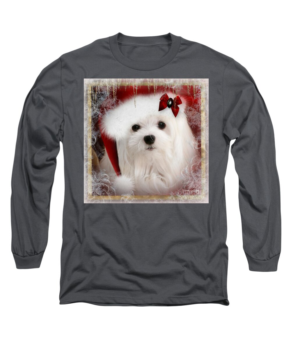 Maltese Dog Christmas Long Sleeve T-Shirt featuring the mixed media All I Want for Christma by Morag Bates