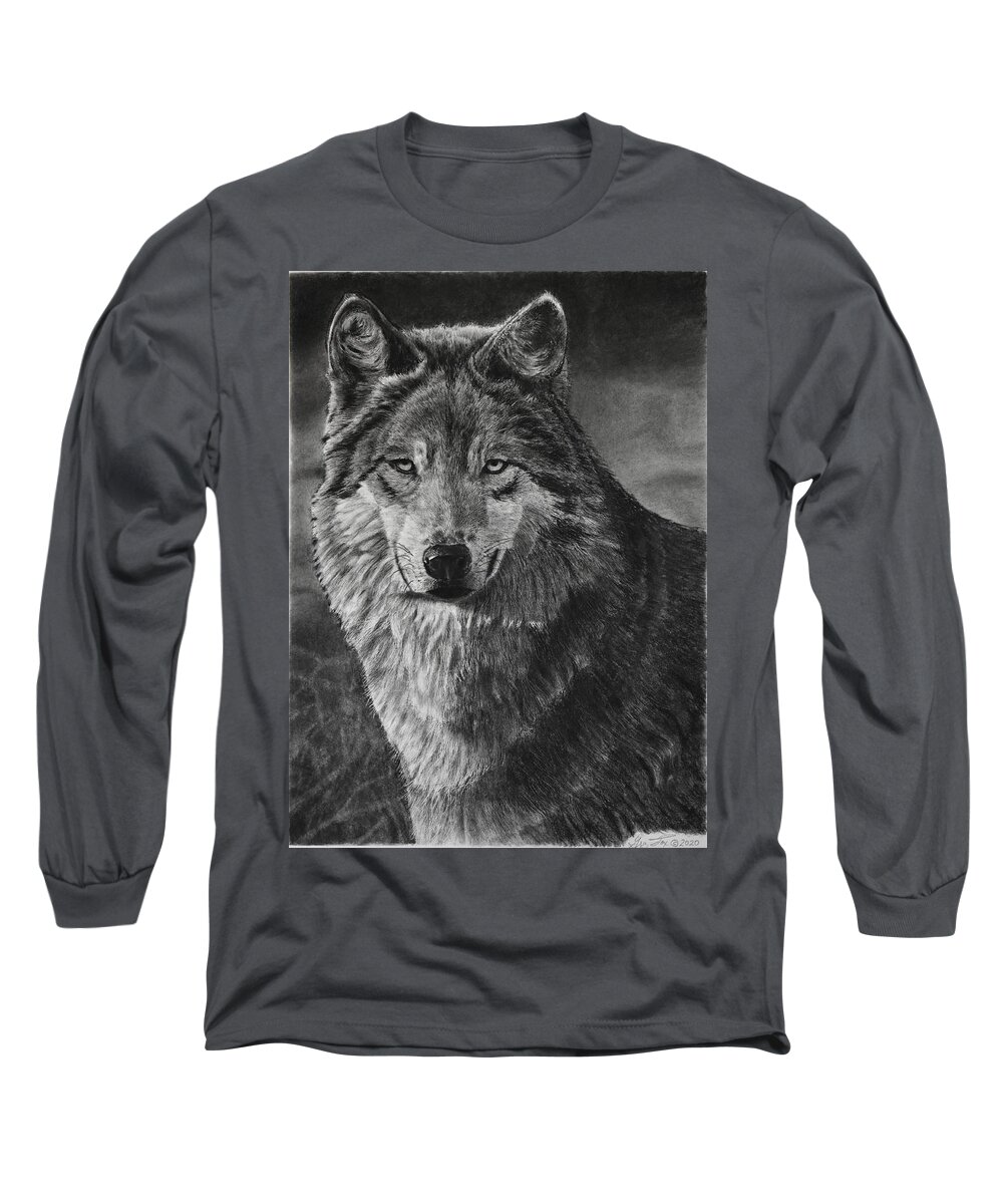 Wolf Long Sleeve T-Shirt featuring the drawing Alpha by Greg Fox