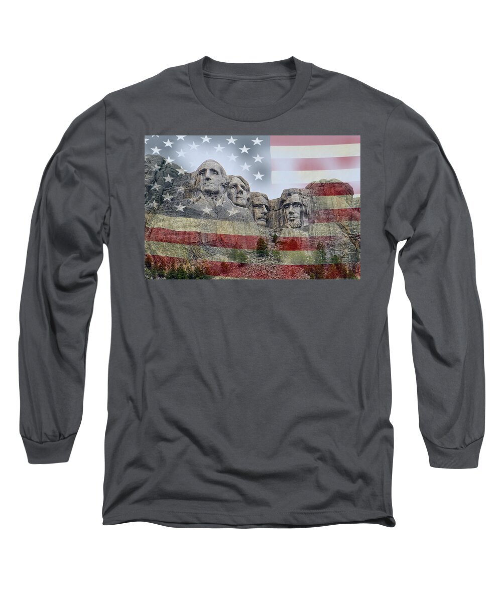 Patriotism Long Sleeve T-Shirt featuring the digital art American History - Mount Rushmore National Memorial by Lucinda Walter
