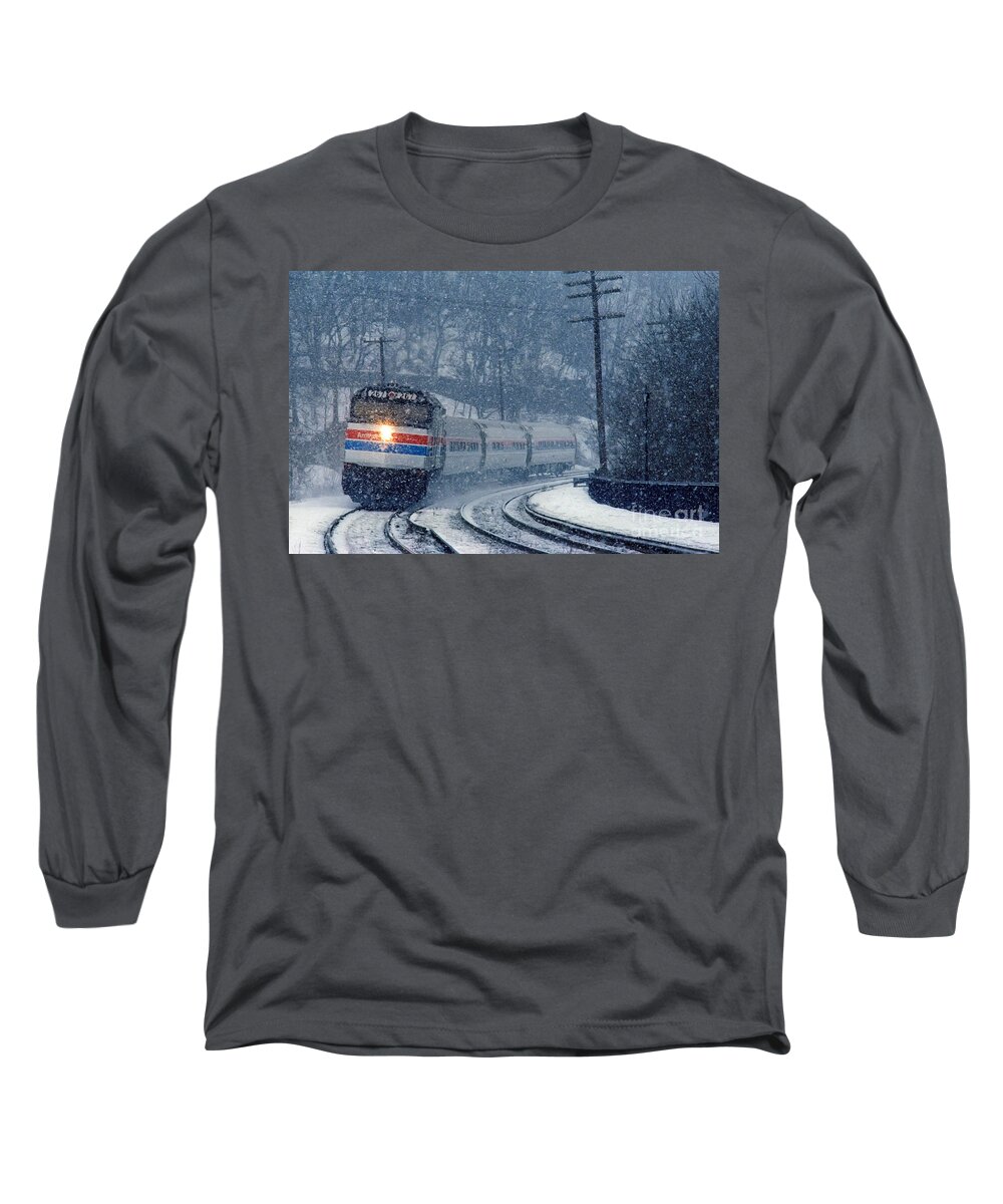 Train Long Sleeve T-Shirt featuring the photograph Amtrak in the Snow by Thomas Marchessault