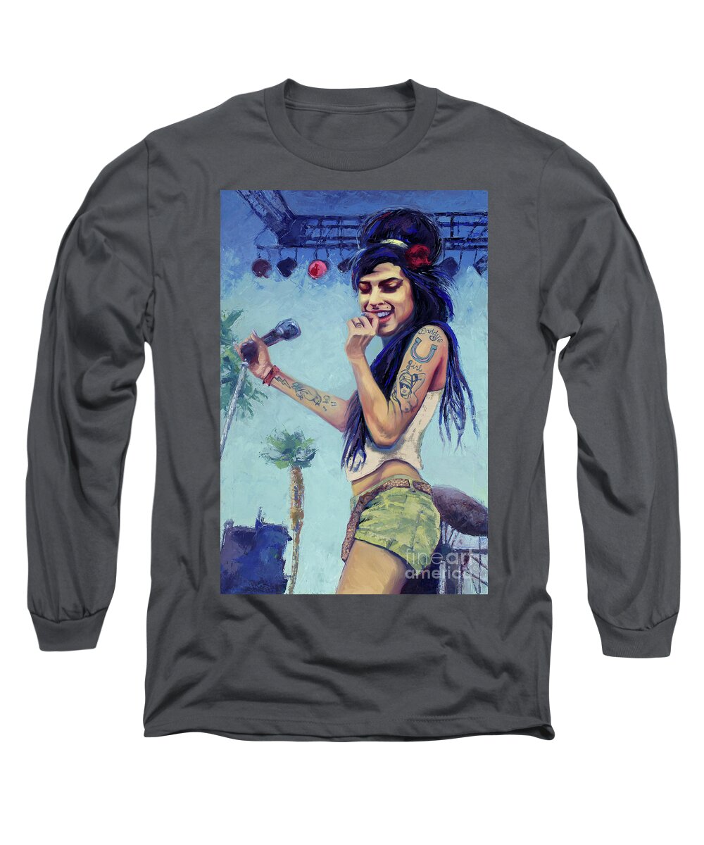 Coachella Long Sleeve T-Shirt featuring the painting Amy Winehouse Coachella Festival, 2017 by PJ Kirk
