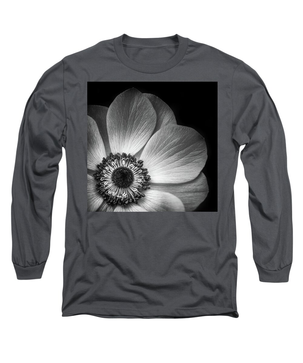 Anemone Long Sleeve T-Shirt featuring the photograph Anemone Flower Closeup in Black And White by Elvira Peretsman