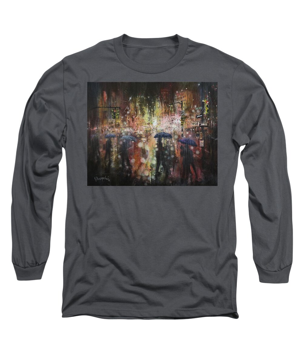 City At Night Long Sleeve T-Shirt featuring the painting Another Stormy Night by Tom Shropshire