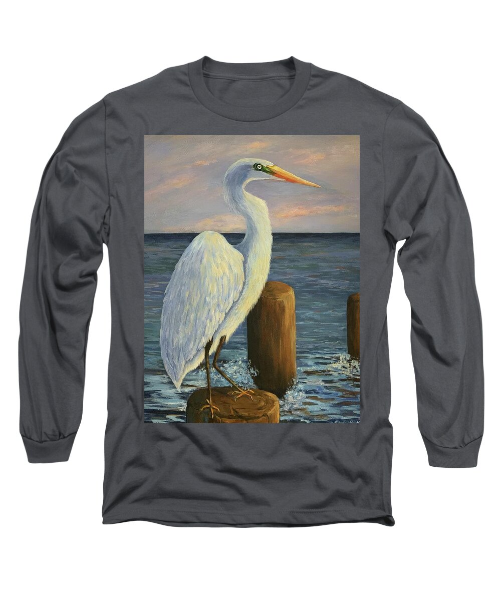 Egret Long Sleeve T-Shirt featuring the painting Anticipation by Jane Ricker