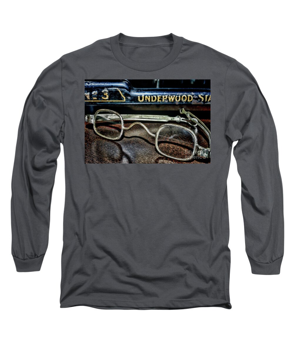 Paul Ward Long Sleeve T-Shirt featuring the photograph Antique Eyeglasses in front of Typewriter Steampunk by Paul Ward