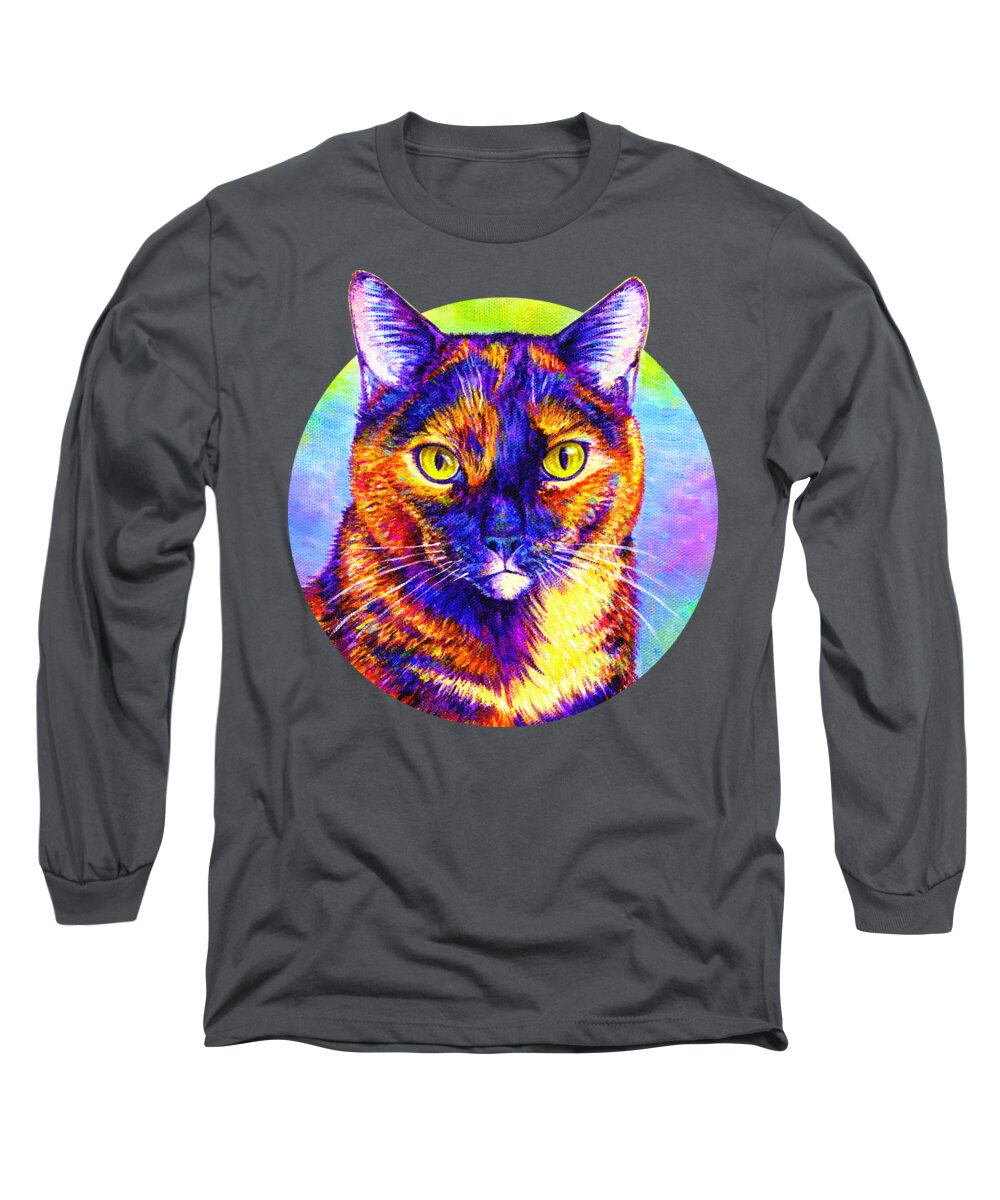Cat Long Sleeve T-Shirt featuring the painting Colorful Tortoiseshell Cat by Rebecca Wang