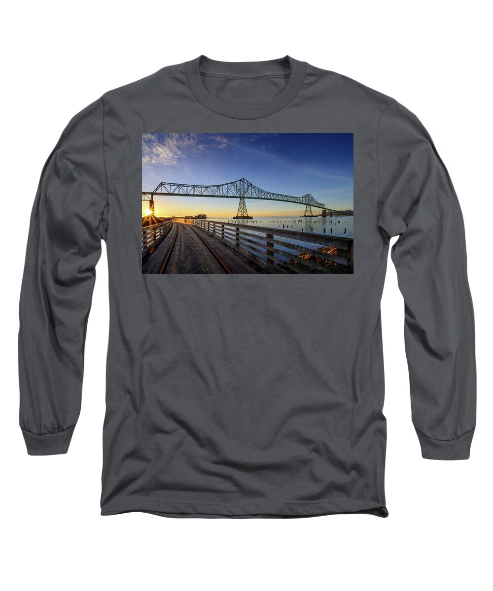 Astoria Long Sleeve T-Shirt featuring the photograph Astoria Riverwalk Trestle by Dan Mihai
