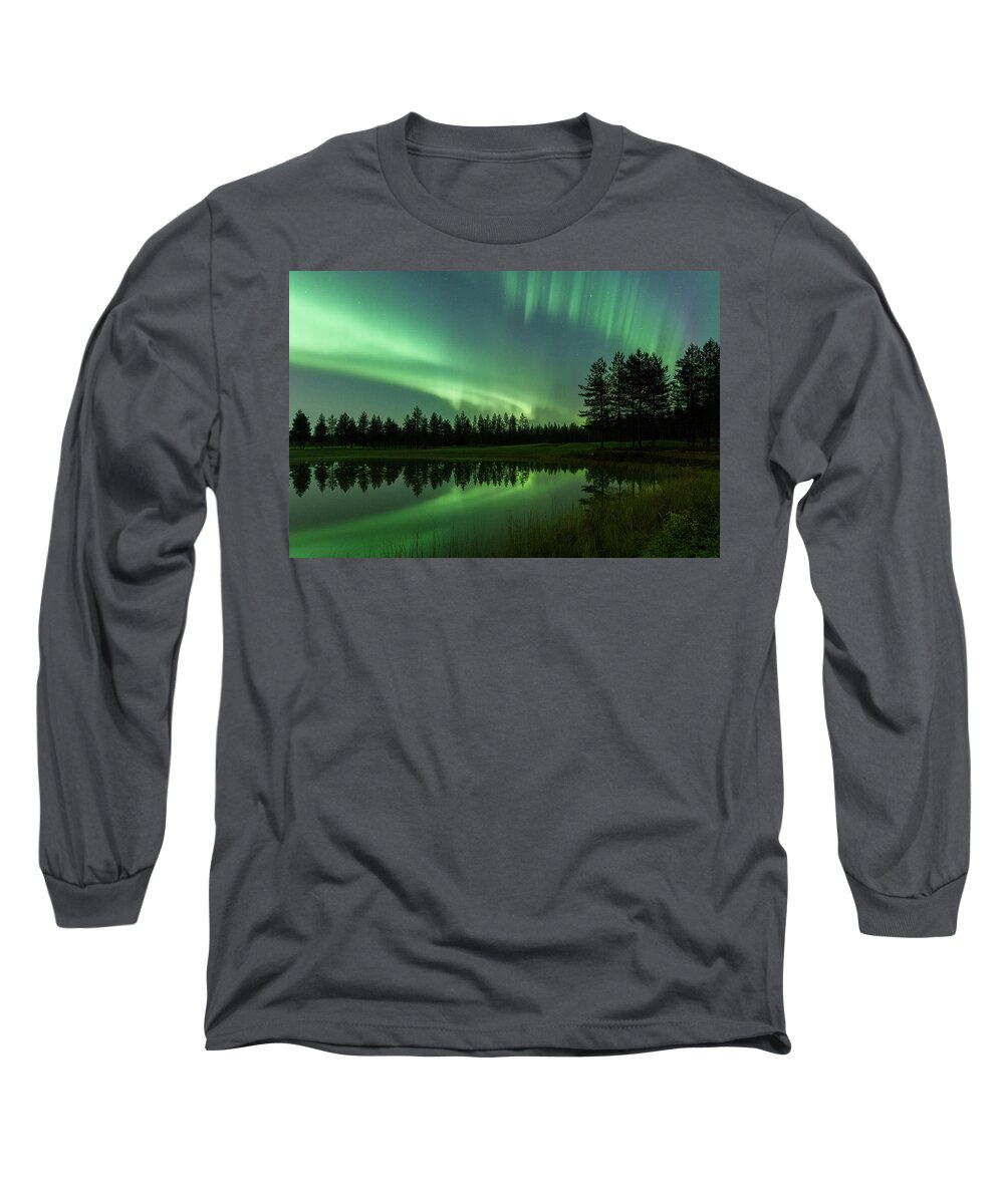 Aurora Borealis Long Sleeve T-Shirt featuring the photograph Aurora borealis above a pond by Thomas Kast