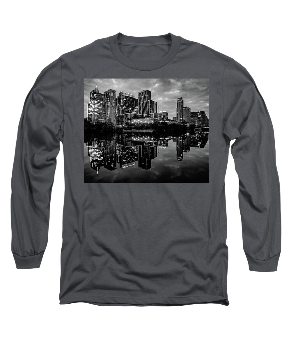 Austin Long Sleeve T-Shirt featuring the photograph Austin City Lights Black and White by Jerry Connally