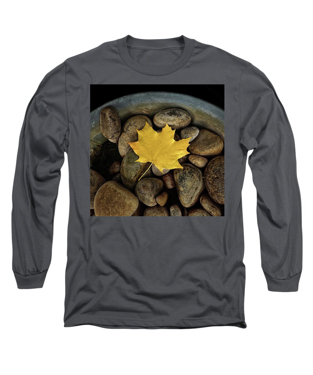 Autumn Long Sleeve T-Shirt featuring the photograph Autumn Leaf In Rock Pot by Gary Slawsky