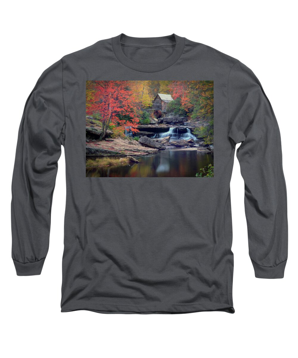 Babcock State Park Long Sleeve T-Shirt featuring the photograph Autumn Splendor at Glade Creek Gristmill by Jaki Miller